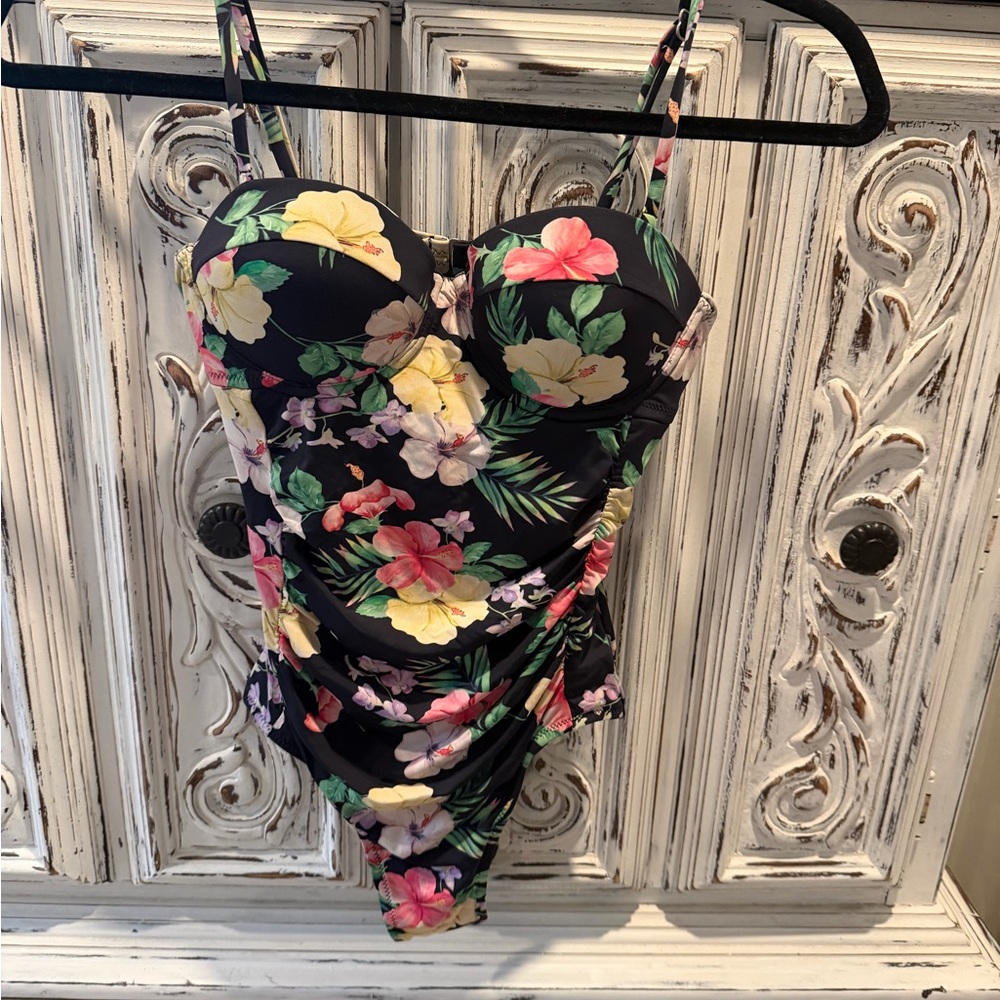 Brand New Floral Black One-Piece Swimsuit with Supportive Cups